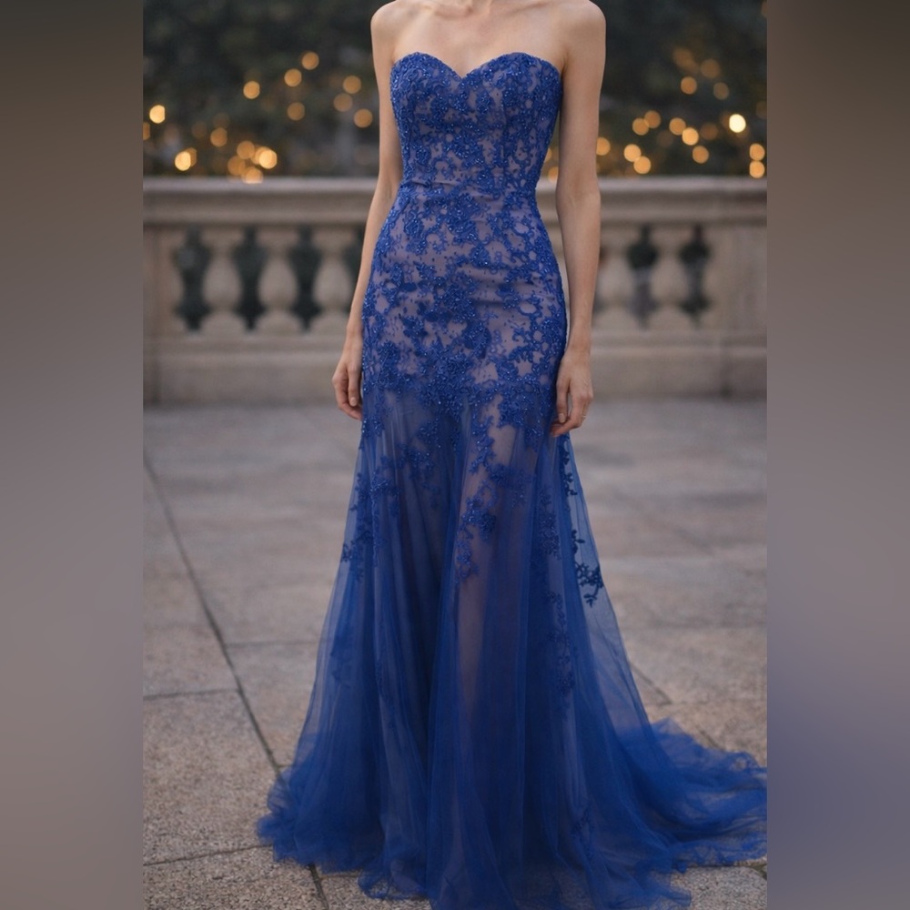 La Femme Elegant Blue Lace Gown